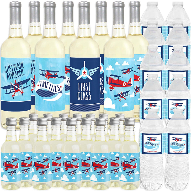 Taking Flight - Airplane - Mini Wine Bottle Labels, Wine Bottle Labels and Water Bottle Labels - Vintage Plane Baby Shower or Birthday Party Decorations - Beverage Bar Kit - 34 Pieces