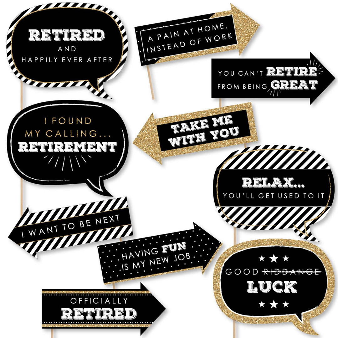 A collection of 10 printed and cut photo booth props with various humorous retirement-related phrases printed on them, including props shaped like signs and bubbles for speech.