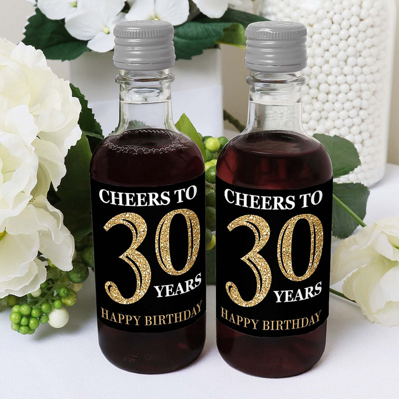 Adult 30th Birthday - Gold - Mini Wine and Champagne Bottle Label Stickers - Birthday Party Favor Gift - For Women and Men - Set of 16