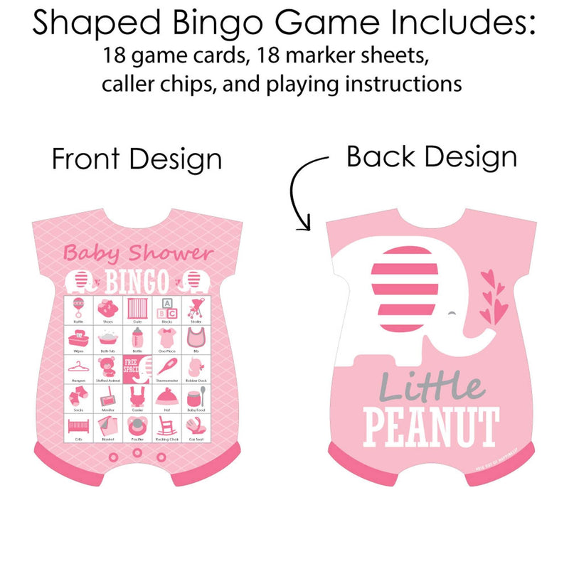 Pink Elephant - Picture Bingo Cards and Markers - Girl Baby Shower Shaped Bingo Game - Set of 18