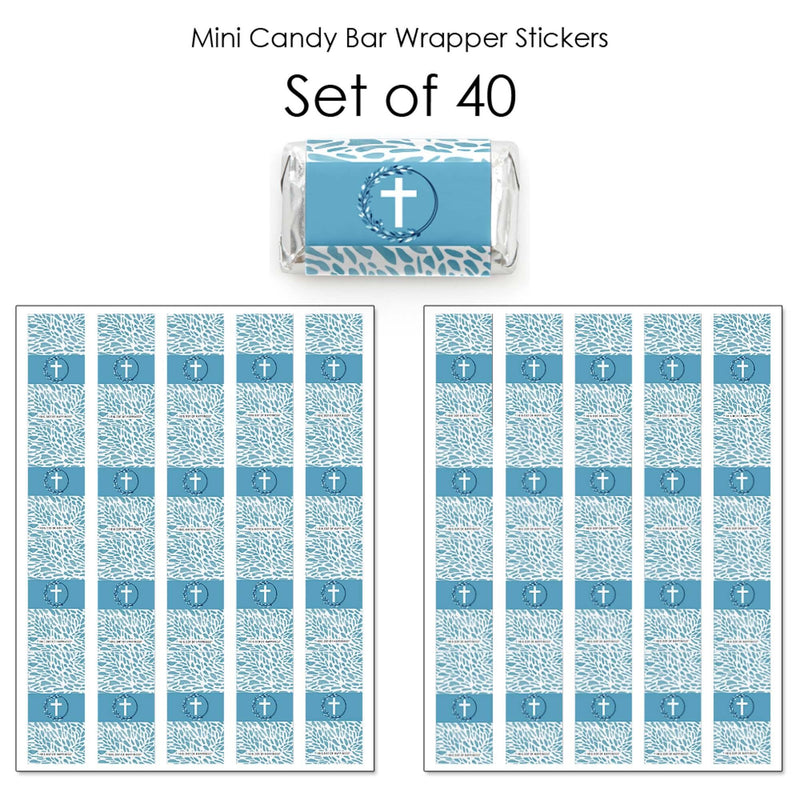 Blue Elegant Cross - Mini Candy Bar Wrapper Stickers - Boy Religious Party Small Favors - 40 Count