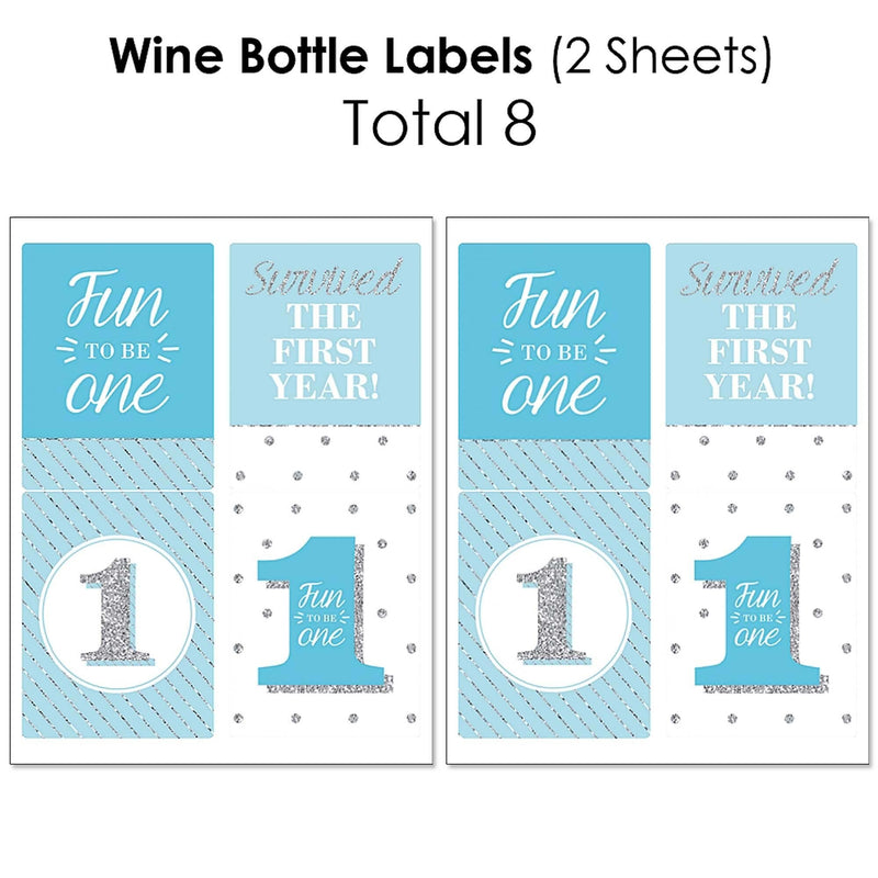 1st Birthday Boy - Fun to be One - Mini Wine Bottle Labels, Wine Bottle Labels and Water Bottle Labels - First Birthday Party Decorations - Beverage Bar Kit - 34 Pieces