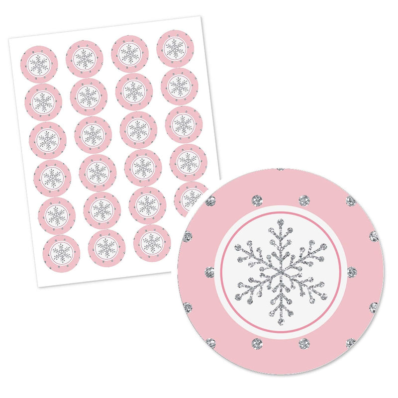 Pink Winter Wonderland - Holiday Snowflake Birthday Party and Baby Shower Circle Sticker Labels - 24 ct