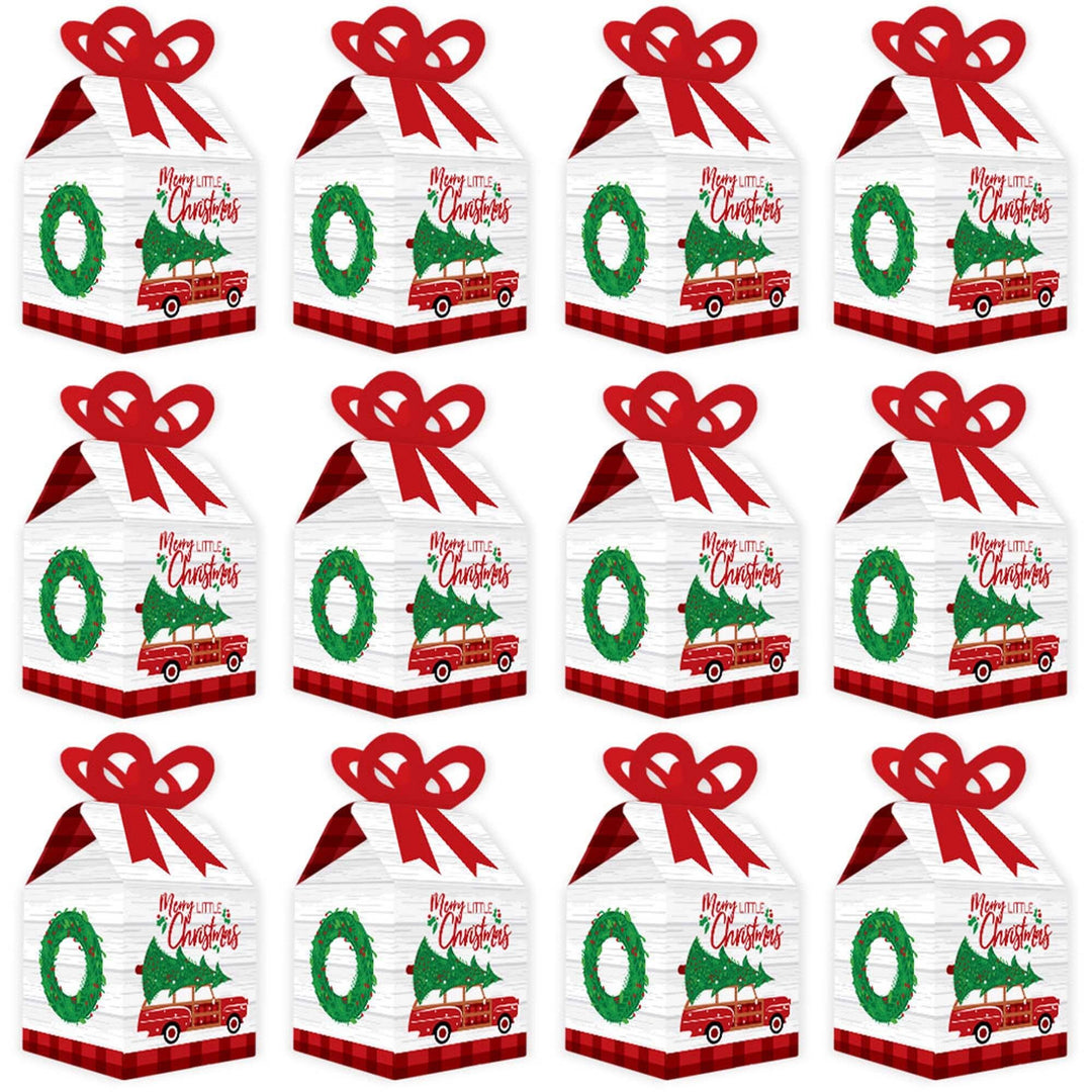 Merry Little Christmas Tree - Square Favor Gift Boxes - Red Car Christmas Party Bow Boxes - Set of 12