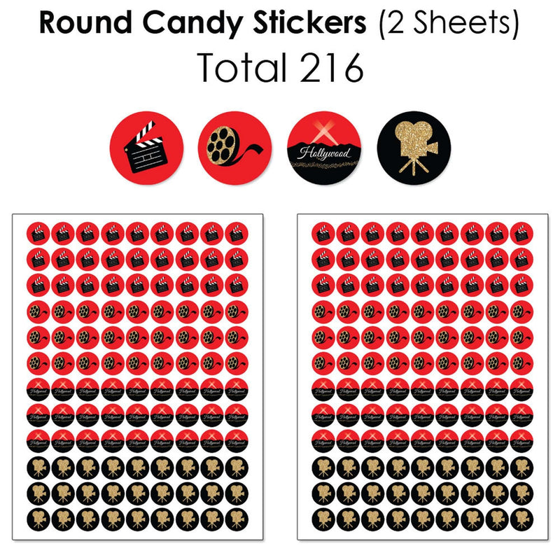 Red Carpet Hollywood - Mini Candy Bar Wrappers, Round Candy Stickers and Circle Stickers - Movie Night Party Candy Favor Sticker Kit - 304 Pieces
