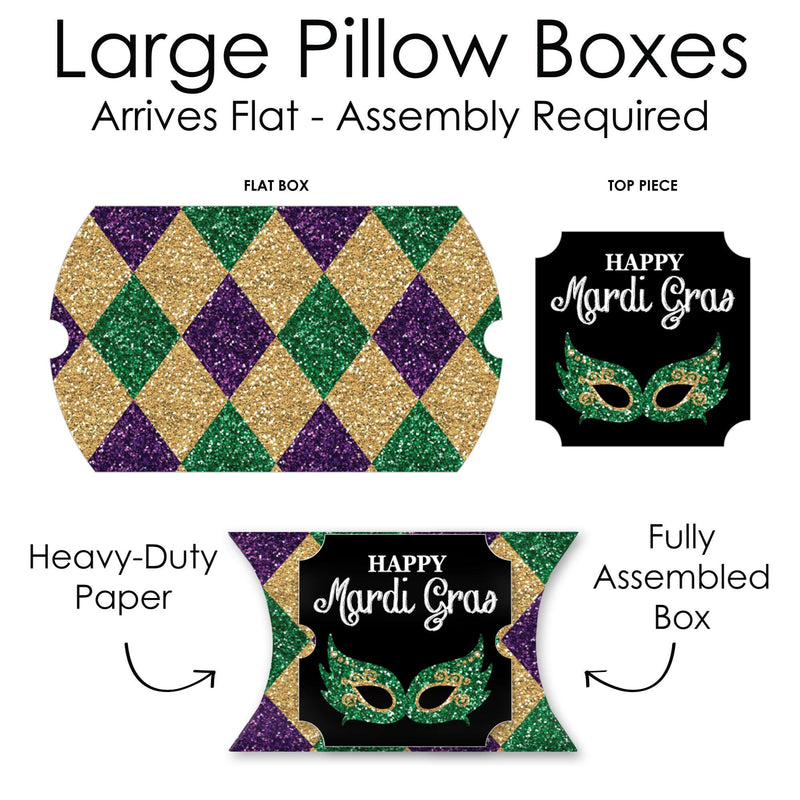 Mardi Gras - Favor Gift Boxes - Masquerade Party Large Pillow Boxes - Set of 12