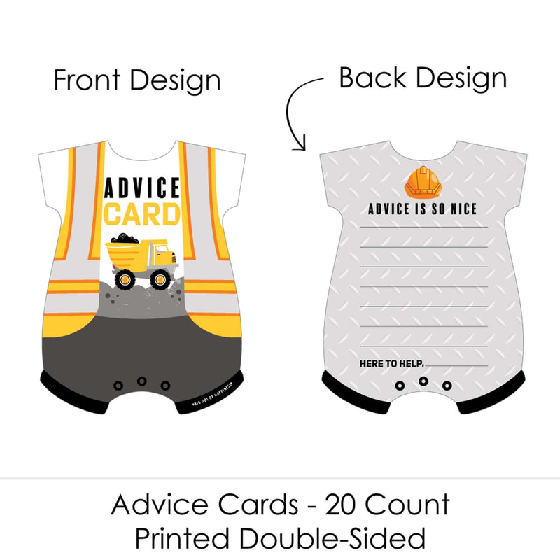 Dig It - Construction Party Zone - Baby Bodysuit Wish Card Baby Shower Activities - Shaped Advice Cards Game - Set of 20