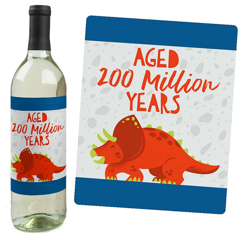 Roar Dinosaur - Dino Mite T-Rex Birthday Party Decorations for Women and Men - Wine Bottle Label Stickers - Set of 4