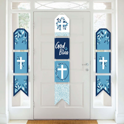 Blue Elegant Cross - Hanging Vertical Paper Door Banners - Boy Religious Party Wall Decoration Kit - Indoor Door Decor