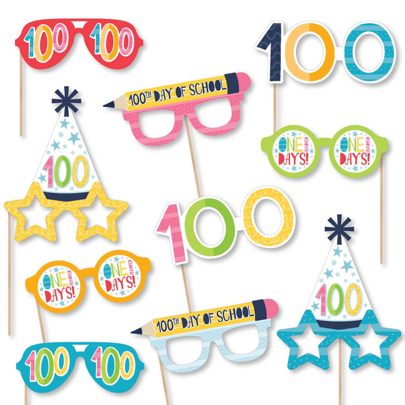 Happy 100th Day of School Glasses - Paper Card Stock 100 Days Party Photo Booth Props Kit - 10 Count