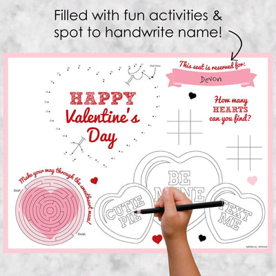 Conversation Hearts - Paper Valentine's Day Party Coloring Sheets - Activity Placemats - Set of 16