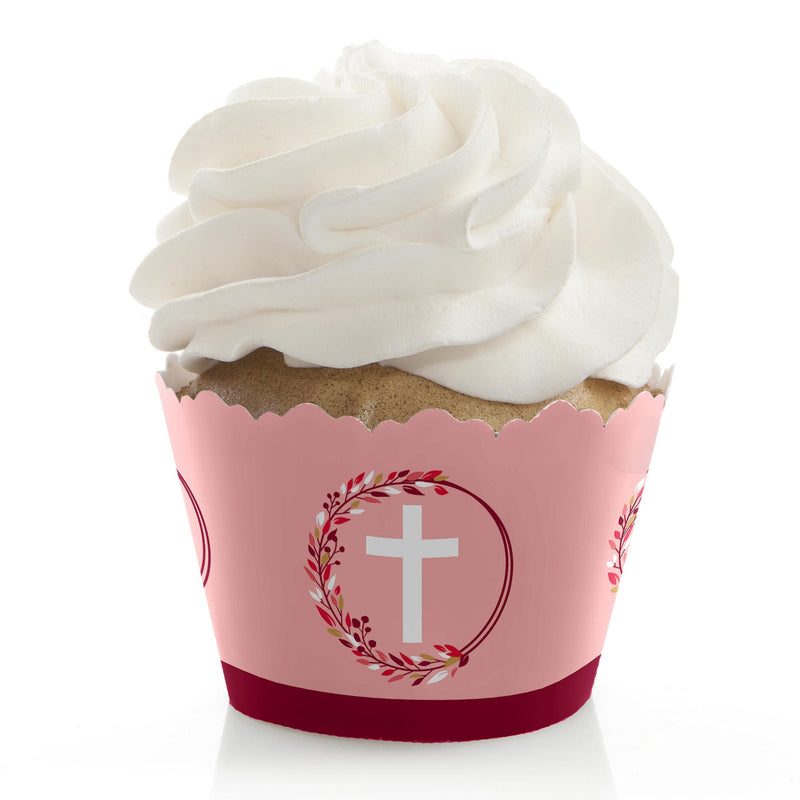 Pink Elegant Cross - Girl Religious Party Decorations - Party Cupcake Wrappers - Set of 12