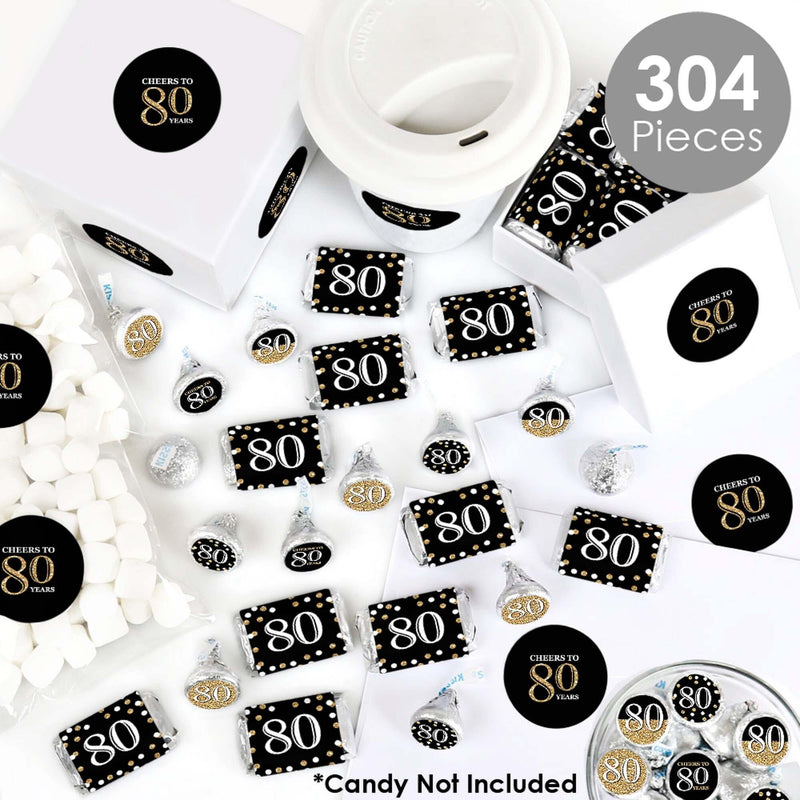 Adult 80th Birthday - Gold - Mini Candy Bar Wrappers, Round Candy Stickers and Circle Stickers - Birthday Party Candy Favor Sticker Kit - 304 Pieces