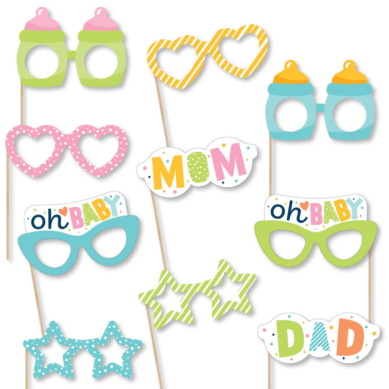 Colorful Baby Shower Glasses - Paper Card Stock Gender Neutral Party Photo Booth Props Kit - 10 Count