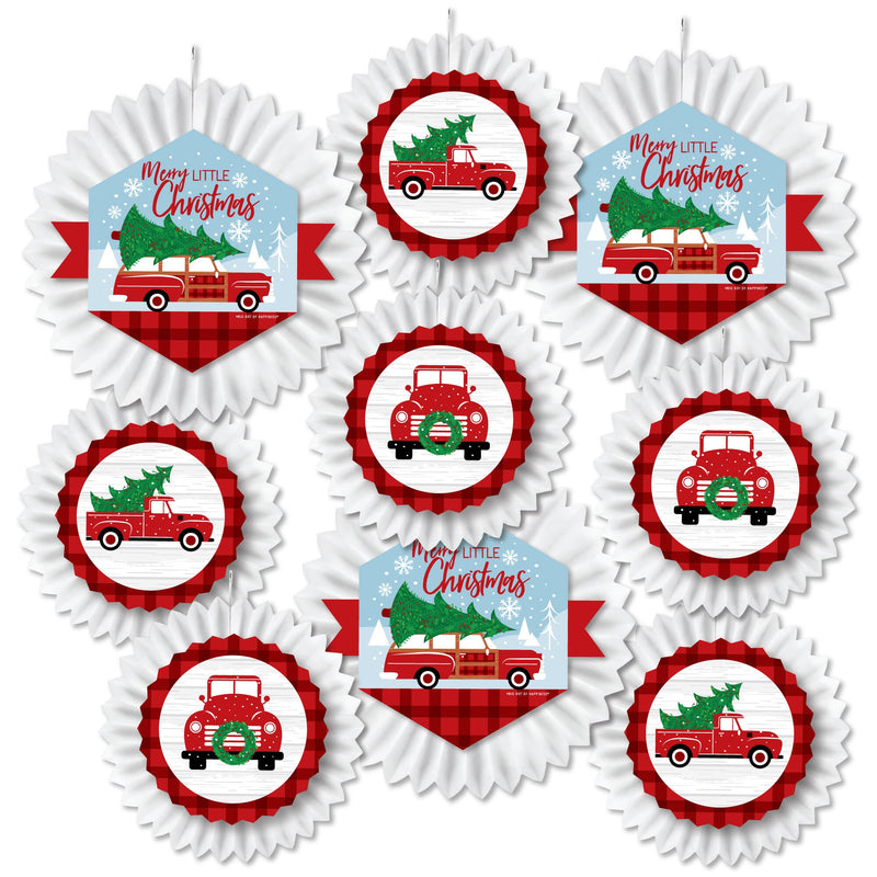 Merry Little Christmas Tree - Hanging Red Truck and Car Christmas Party Tissue Decoration Kit - Paper Fans - Set of 9