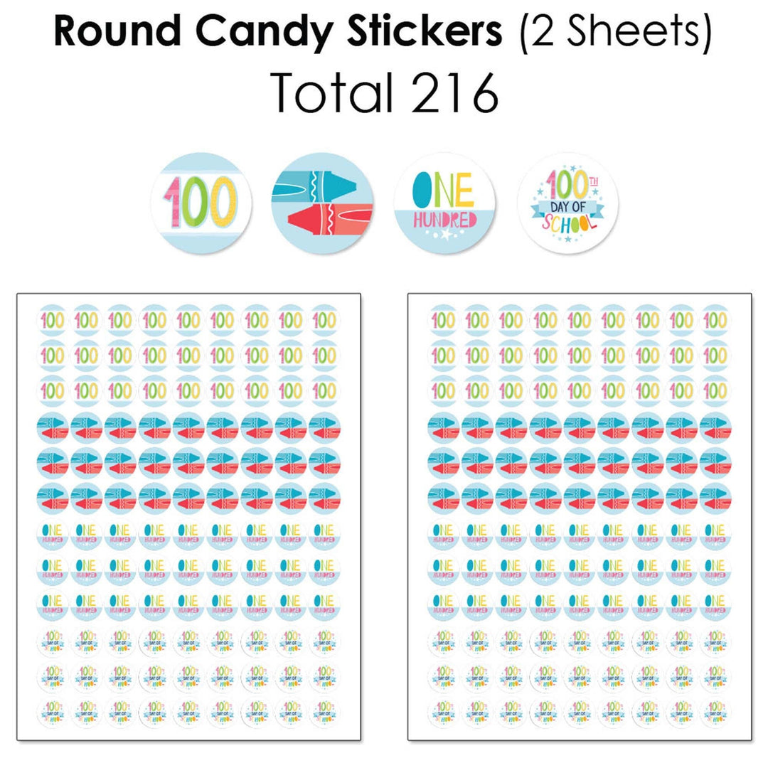 Happy 100th Day of School - Mini Candy Bar Wrappers, Round Candy Stickers and Circle Stickers - 100 Days Party Candy Favor Sticker Kit - 304 Pieces