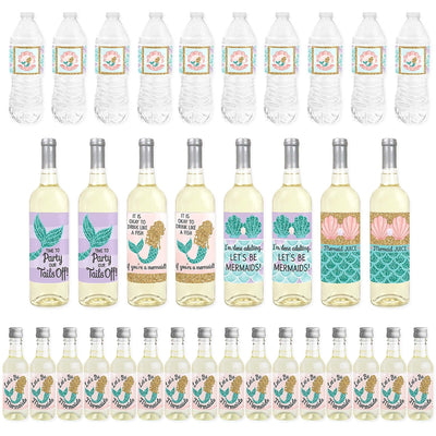 Let's Be Mermaids - Mini Wine Bottle Labels, Wine Bottle Labels and Water Bottle Labels - Baby Shower or Birthday Party Decorations - Beverage Bar Kit - 34 Pieces