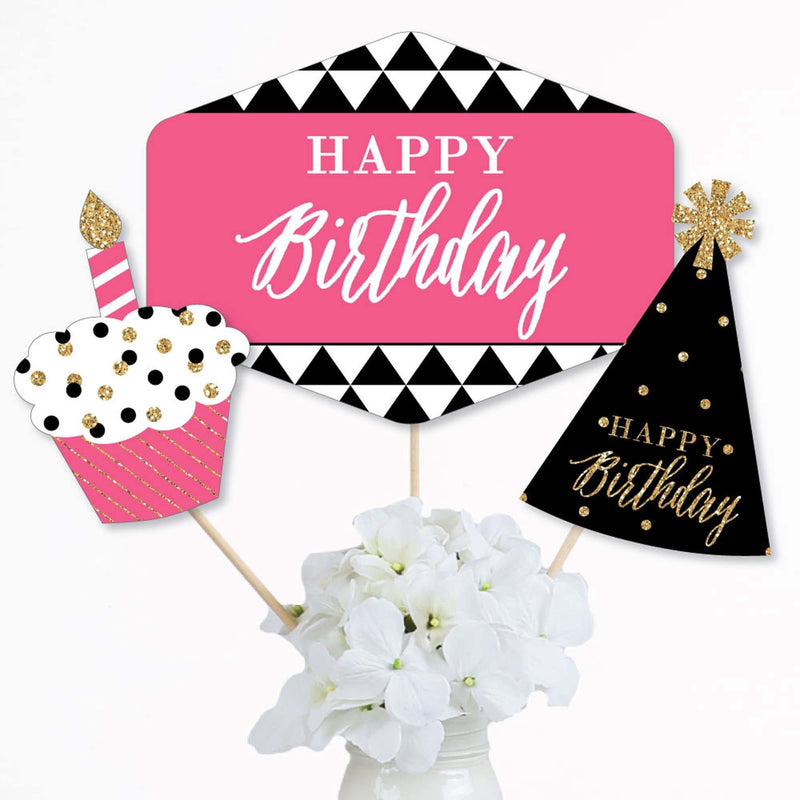 Chic Happy Birthday - Pink, Black and Gold - Birthday Party Centerpiece Sticks - Table Toppers - Set of 15