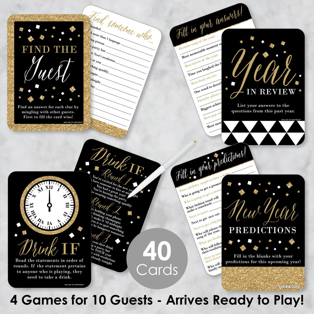 New Year's Eve - Gold - 4 New Years Eve Party Games - 10 Cards Each - Year in Review, Find the Guest, Drink If, New Year Predictions - Gamerific Bundle
