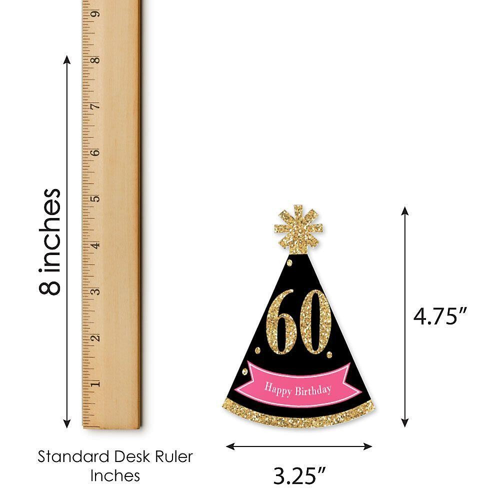 Chic 60th Birthday - Pink, Black and Gold - Mini Cone Birthday Party Hats - Small Little Party Hats - Set of 8