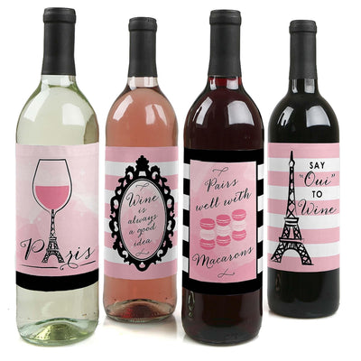 Paris, Ooh La La - Paris Themed Baby Shower or Birthday Party Decorations for Women and Men - Wine Bottle Label Stickers - Set of 4