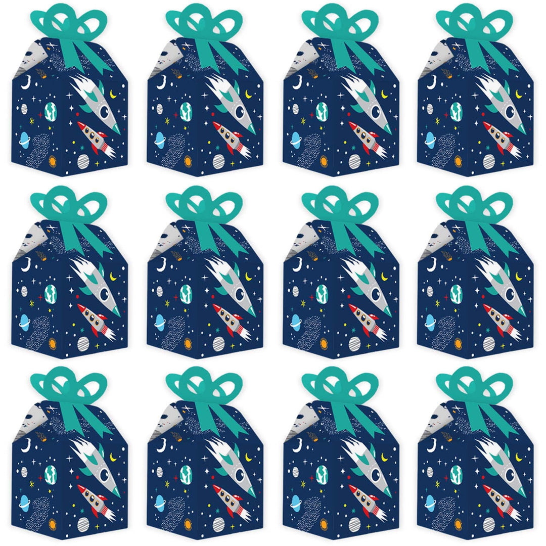 Blast Off to Outer Space - Square Favor Gift Boxes - Rocket Ship Baby Shower or Birthday Party Bow Boxes - Set of 12