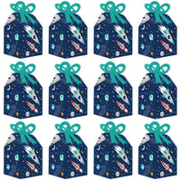 Blast Off to Outer Space - Square Favor Gift Boxes - Rocket Ship Baby Shower or Birthday Party Bow Boxes - Set of 12