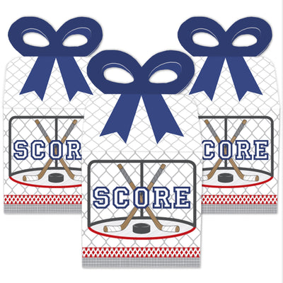 Shoots & Scores! - Hockey - Square Favor Gift Boxes - Baby Shower or Birthday Party Bow Boxes - Set of 12