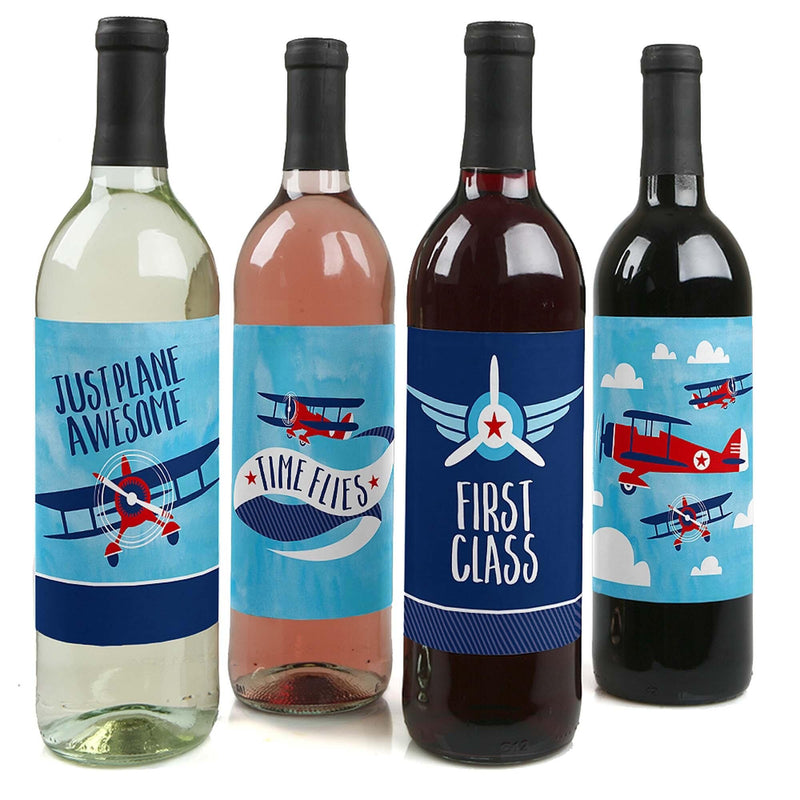 Taking Flight - Airplane - Vintage Plane Baby Shower or Birthday Party Decorations for Women and Men - Wine Bottle Label Stickers - Set of 4