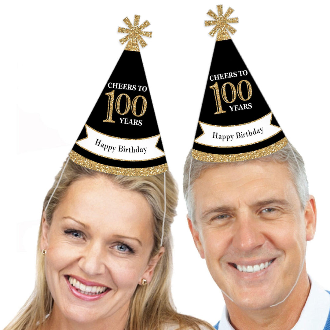 Adult 100th Birthday - Gold - Cone Birthday Party Hats for Adults - Set of 8 (Standard Size)
