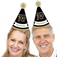 Adult 100th Birthday - Gold - Cone Birthday Party Hats for Adults - Set of 8 (Standard Size)