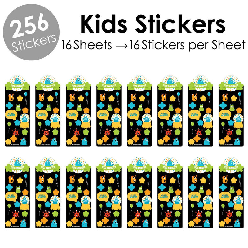 Monster Bash - Little Monster Birthday Party Favor Kids Stickers - 16 Sheets - 256 Stickers