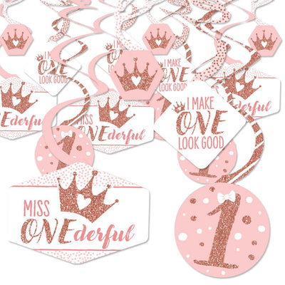 1st Birthday Little Miss Onederful - Girl First Birthday Party Hanging Decor - Party Decoration Swirls - Set of 40