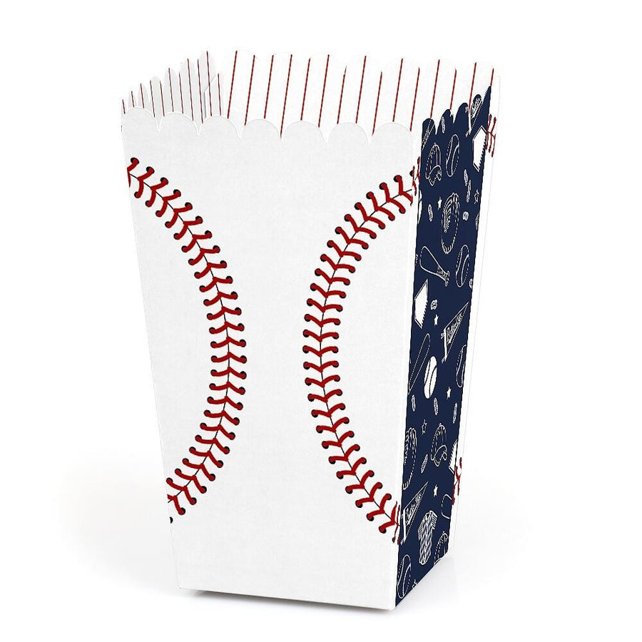 A white popcorn treat box with red baseball stitching and a patterned blue and white side panel, designed for baby shower or birthday party favors.