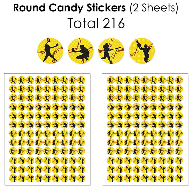 Grand Slam - Fastpitch Softball - Mini Candy Bar Wrappers, Round Candy Stickers and Circle Stickers - Birthday Party or Baby Shower Candy Favor Sticker Kit - 304 Pieces