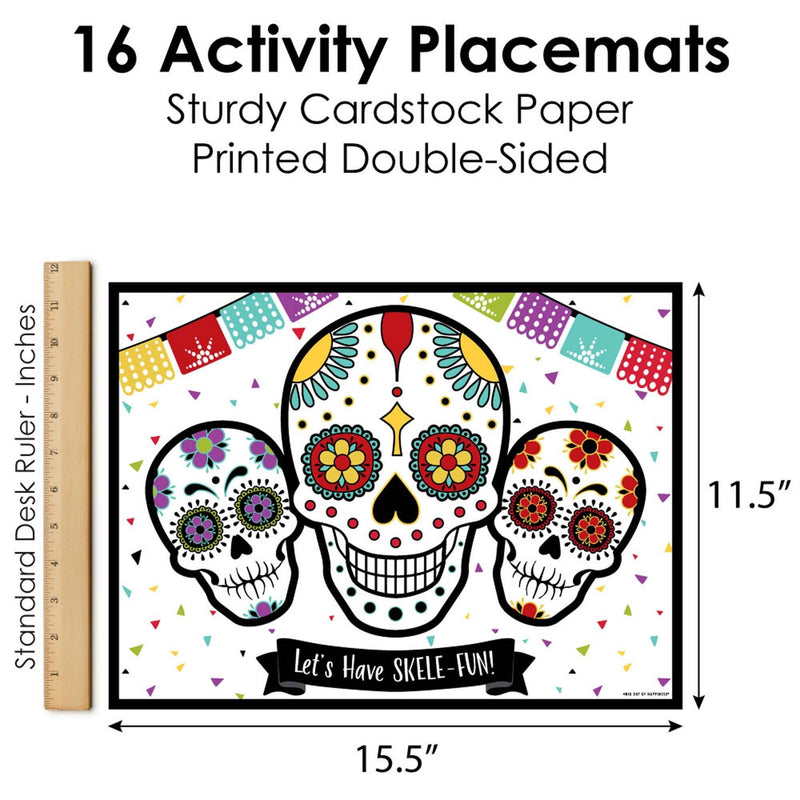 Day of the Dead - Paper Halloween Sugar Skull Party Coloring Sheets - Activity Placemats - Set of 16
