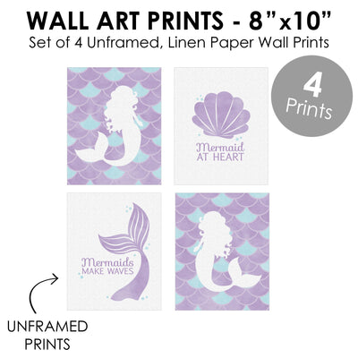 Let's Be Mermaids - Unframed Purple and Teal Mermaid Tail Nursery and Kids Room Linen Paper Wall Art - Set of 4 - Artisms - 8 x 10 inches