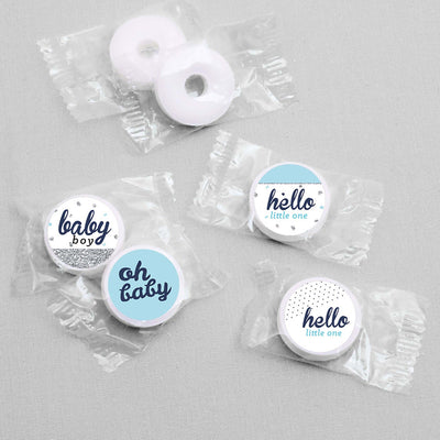 Hello Little One - Blue and Silver - Round Candy Labels Party Favors - Fits Hershey's Kisses - 108 ct