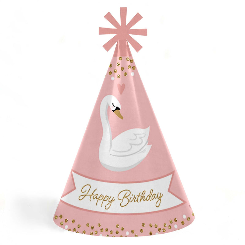 Swan Soiree - Cone Happy Birthday Party Hats for Kids and Adults - Set of 8 (Standard Size)
