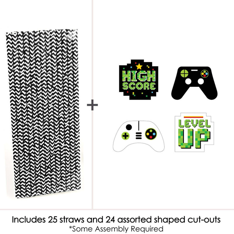Game Zone - Paper Straw Decor - Pixel Video Game Party or Birthday Party Striped Decorative Straws - Set of 24