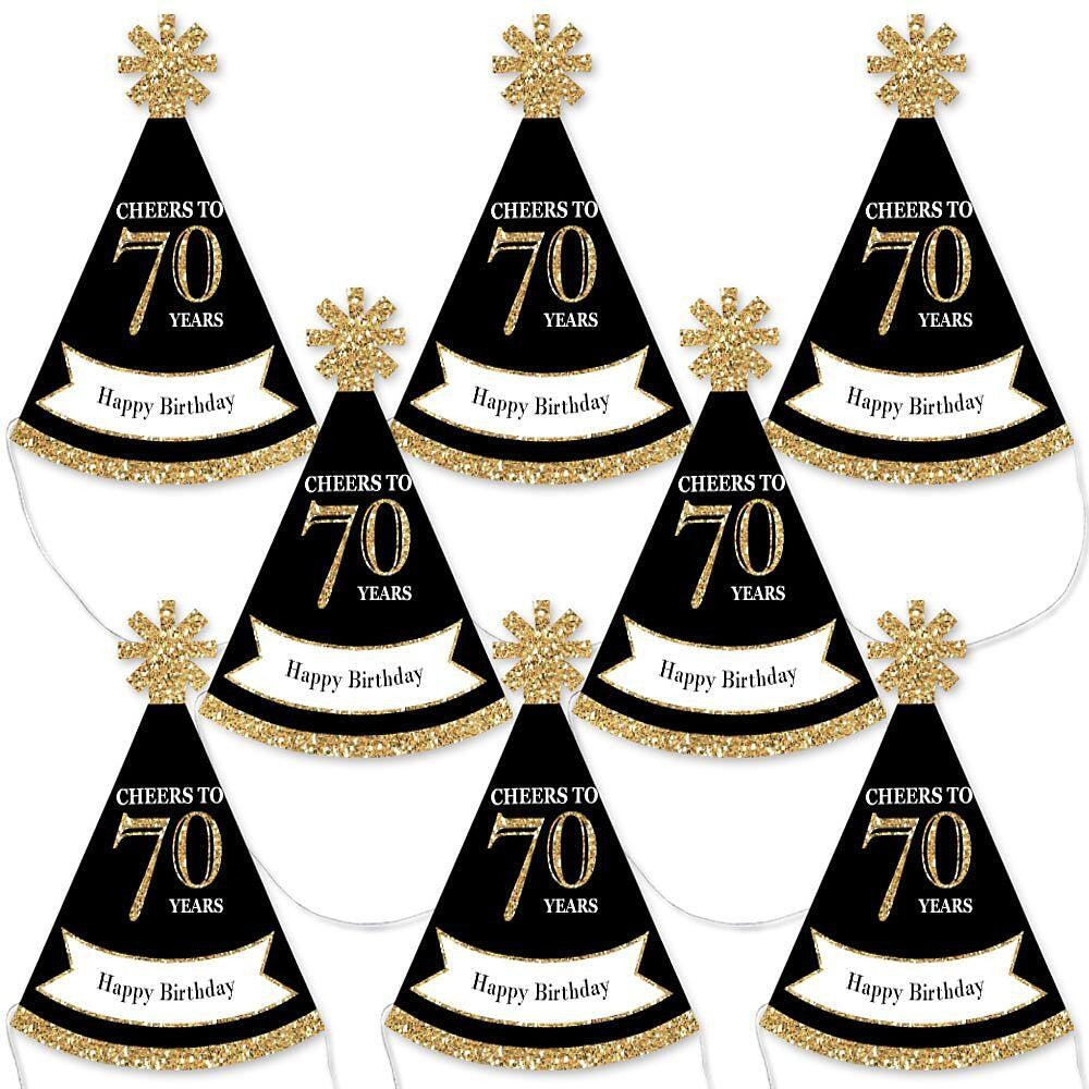 Adult 70th Birthday - Gold - Mini Cone Birthday Party Hats - Small Little Party Hats - Set of 8