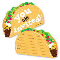  inversion of a set of 12 fill-in invitations for a Mexican Fiesta, shaped like tacos, with space for party details and an illustration of a taco with 'You are invited!' text on it, alongside 12 white envelopes.