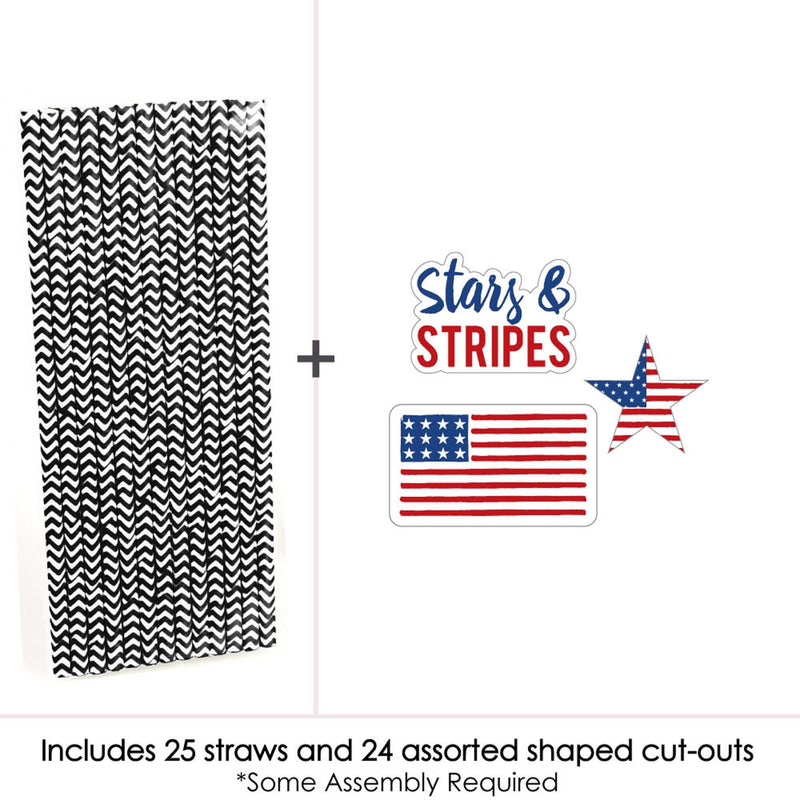Stars & Stripes - Paper Straw Decor - Memorial Day, 4th of July and Labor Day USA Patriotic Party Striped Decorative Straws - Set of 24