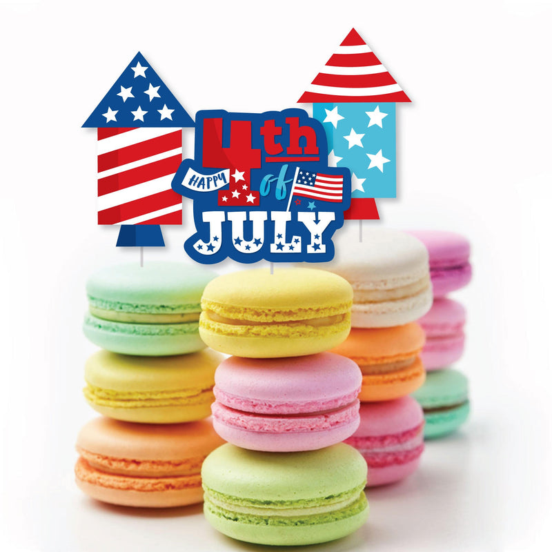 Firecracker 4th of July - Dessert Cupcake Toppers - Red, White and Royal Blue Party Clear Treat Picks - Set of 24