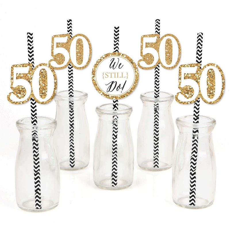 We Still Do - 50th Wedding Anniversary Paper Straw Decor - Anniversary Party Striped Decorative Straws - Set of 24