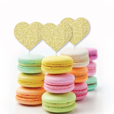Gold Glitter Heart - No-Mess Real Gold Glitter Dessert Cupcake Toppers - Conversation Hearts Valentine's Day Party Clear Treat Picks - Set of 24
