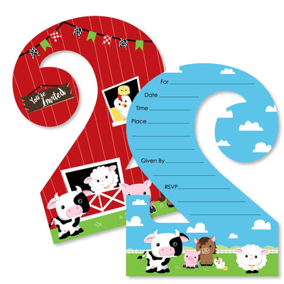 2nd Birthday Farm Animals - Shaped Fill-In Invitations - Barnyard Second Birthday Party Invitation Cards with Envelopes - Set of 12