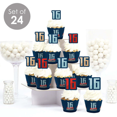Boy 16th Birthday - Cupcake Decoration - Sweet Sixteen Birthday Party Cupcake Wrappers and Treat Picks Kit - Set of 24