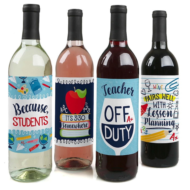 Back to School - First Day of School Teacher Appreciation Decorations for Women and Men - Wine Bottle Label Stickers - Set of 4