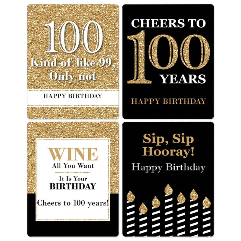Adult 100th Birthday - Gold - Decorations for Women and Men - Wine Bottle Label Birthday Party Gift - Set of 4